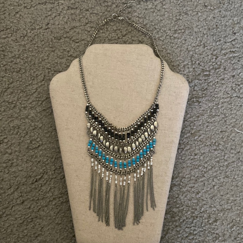 Turquoise, Black, White Beaded Chain Metal Statement Necklace - Picture 3 of 6
